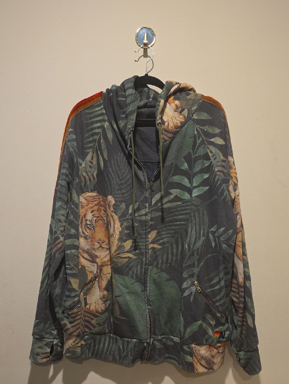 Aviator Nation Green Tropical Tiger Zip Hoodie with Orange Accents XXL Jungle